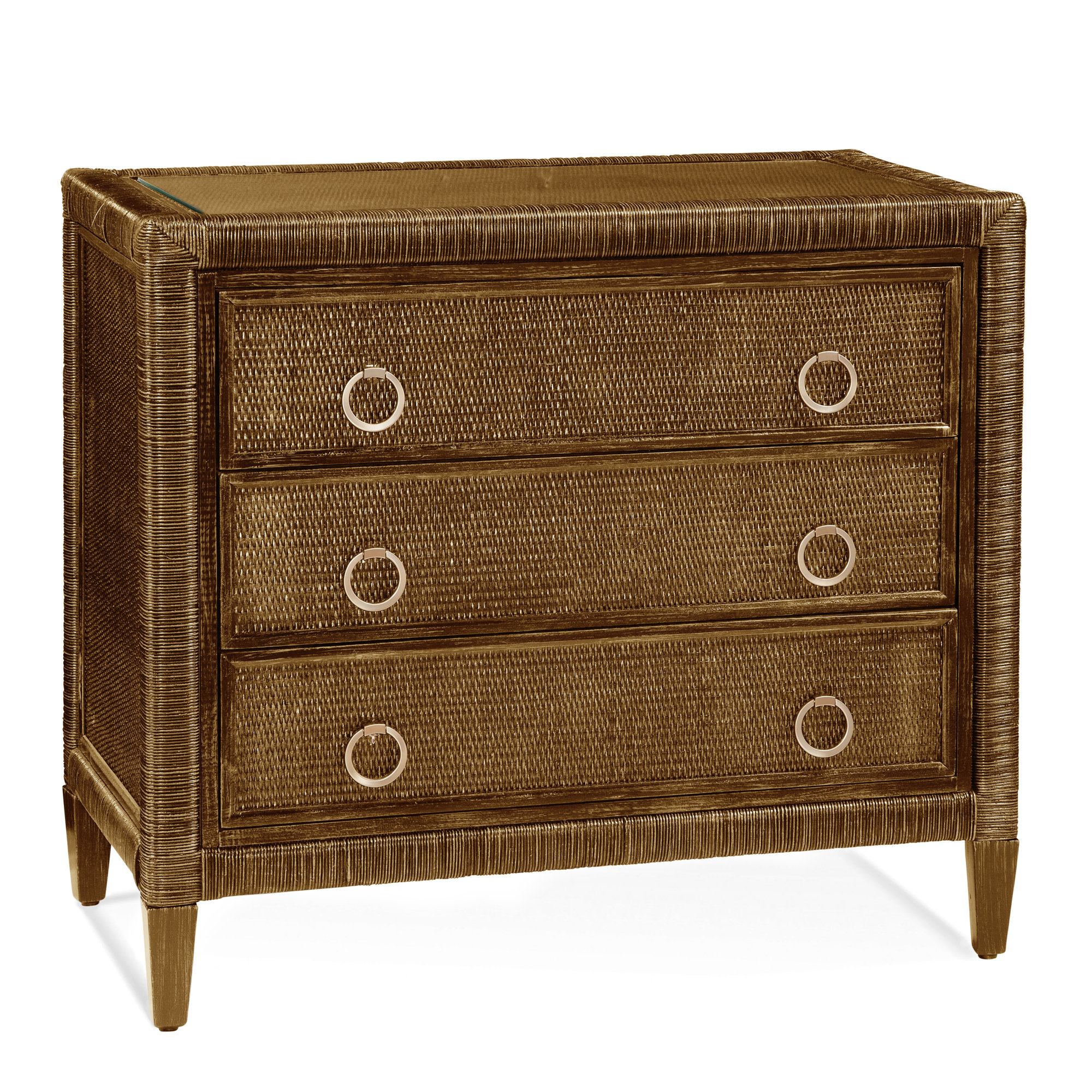 Warwick 3-Drawer Wicker Chest, Satin Brass, Bisque