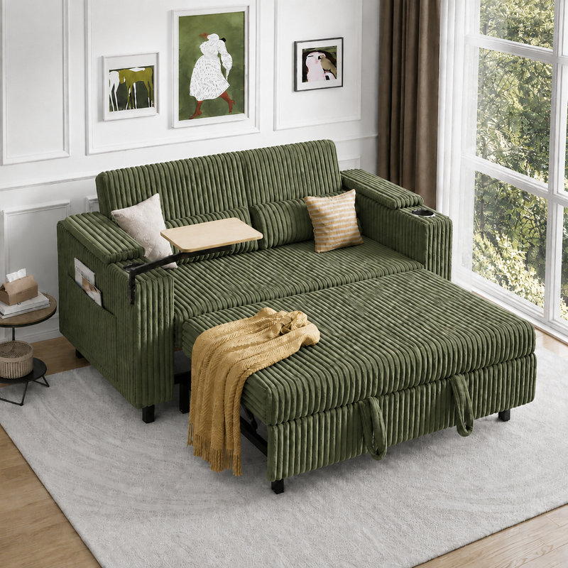  Sherry 58'' Upholstered Convertible Sleeper Sofa with Adjustable Back, Storage Armrests & Side Table