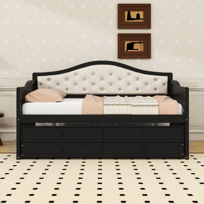2 Drawers Twin Daybed with Twin Trundle and Upholstered Button-Tufted Backrest