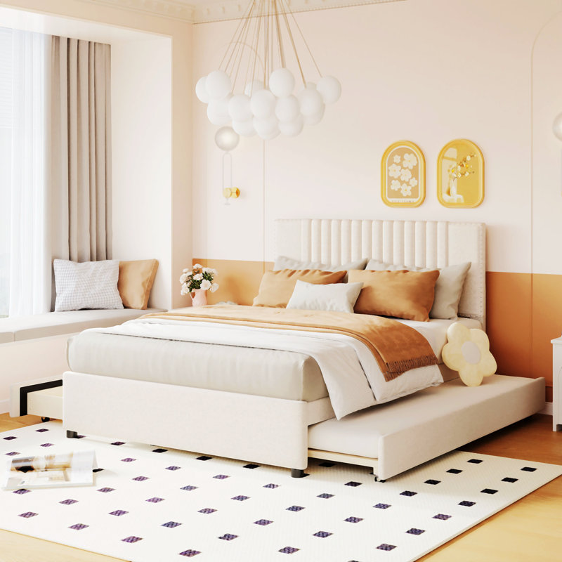 Zarita Upholstered Platform Bed with 2 Drawers and 1 Trundle, Full, Beige