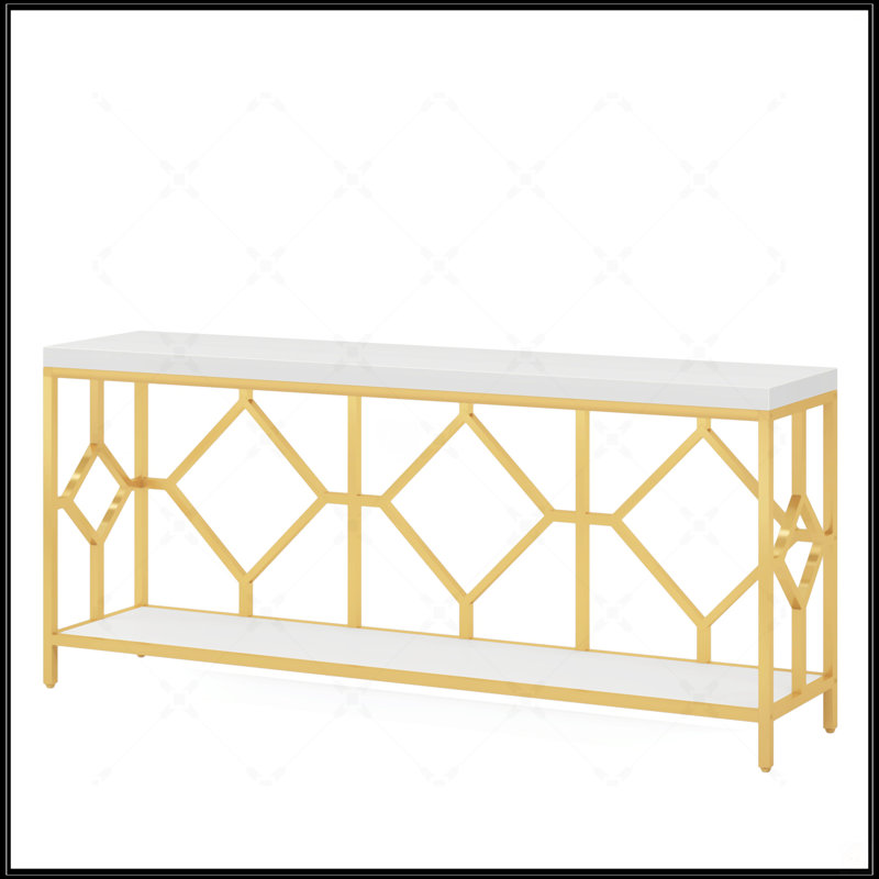 70.9 Inch Extra Long Industrial Console Table With 2-Tier Open Storage, White & Gold Diamond Pattern Metal Frame