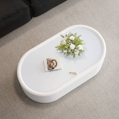Table basse ovale cachée avec rangement - plateau en verre trempé certifié 3C et cuir recouvert de cuir de qualité supérieure, table basse moderne pour le salon