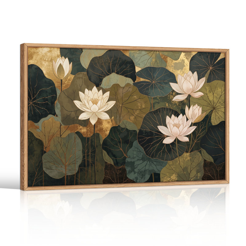 Ensemble de 1 tableau sur toile Feuilles de lotus, H 32 po x l 48 po, Naturel