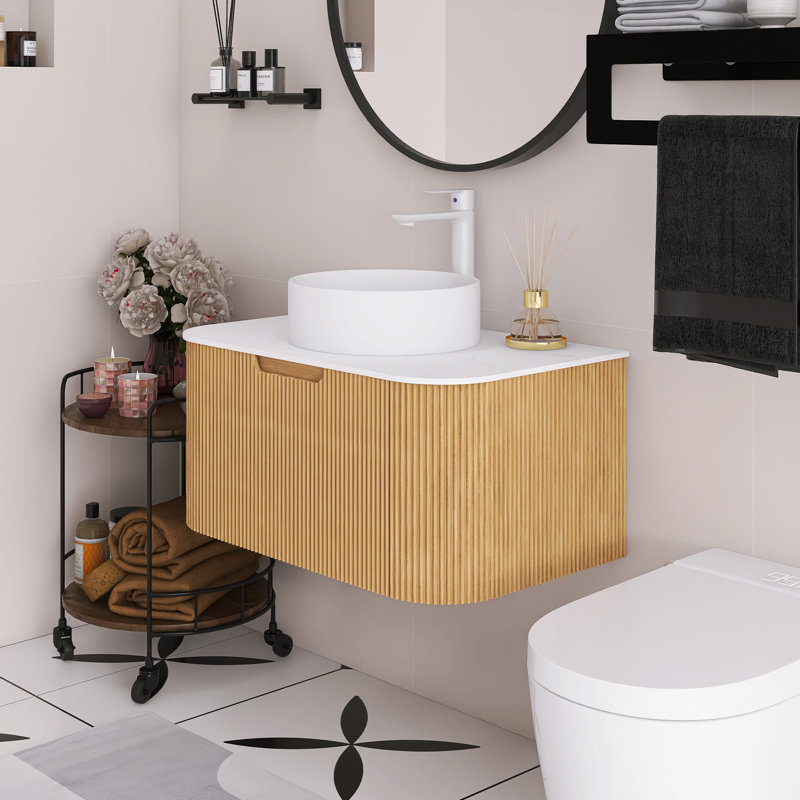 Meuble-lavabo mural de 30 po avec bords arrondis et conception rayée, armoire de rangement avec tiroir, jumelé à un lavabo rond en céramique blanche
