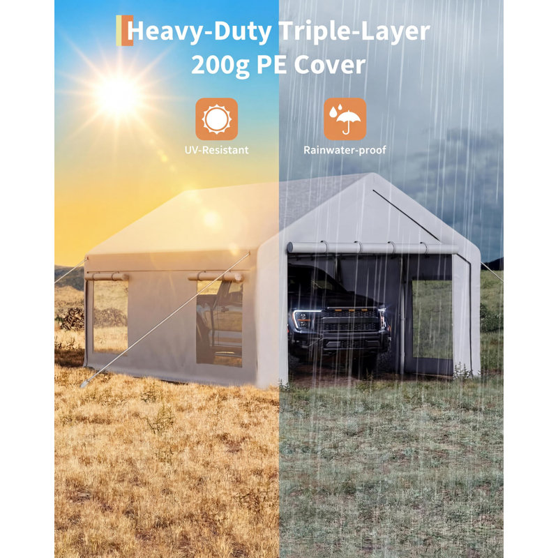 10x20 ft Portable Garage, Car Port with 200 g PE Tarp Cover, with Front & Rear Roll-Up Doors and 4 Windows, White