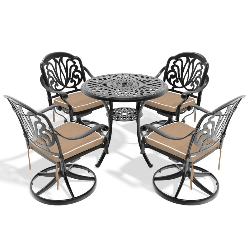 5 Cast Aluminum Outdoor Dining - Black Frame, 4 Swivel Chairs & 30.71" Round Table, Elegant Appearance, Corrosion Proof, Comfortable Sitting, 360 Degrees Rotatable Seat, Cushions Included, Simple