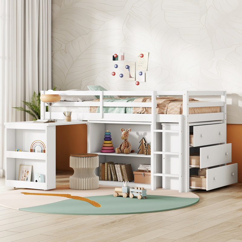 Twin Loft Bed stroage case ,drawers,Twin Loft Bed with ,Drawer Cabinet, Shelf Cabinet and Pulling -Out Desk,Rubber Wood Loft Bed with Safety Guardrail ,Ladder