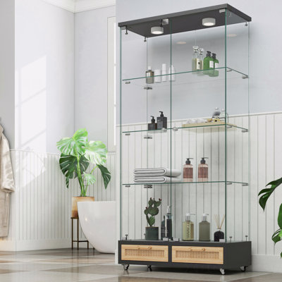 2-Door Modern Glass Display Storage Cabinet With Large Drawers,Quick-Assembly Antique Cabinet With Led Lights,Tempered Glass Bookshelf, Storage Case With 4 Shelves