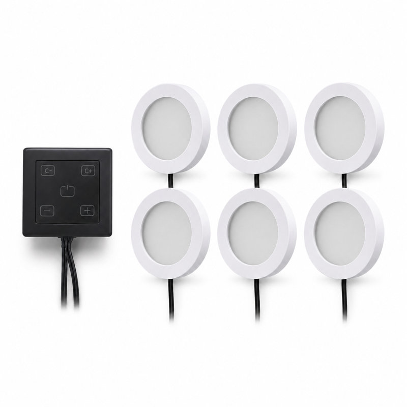 Paquet de 6 mini-rondelles enfichables 3000K à 6000K avec gradateur câblé 12V 2W / pièce pour l'éclairage sous l'armoire