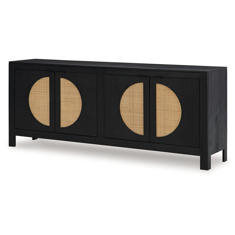 Console d'armoire à 4 portes, canne tissée, 70 pouces, noir et brun