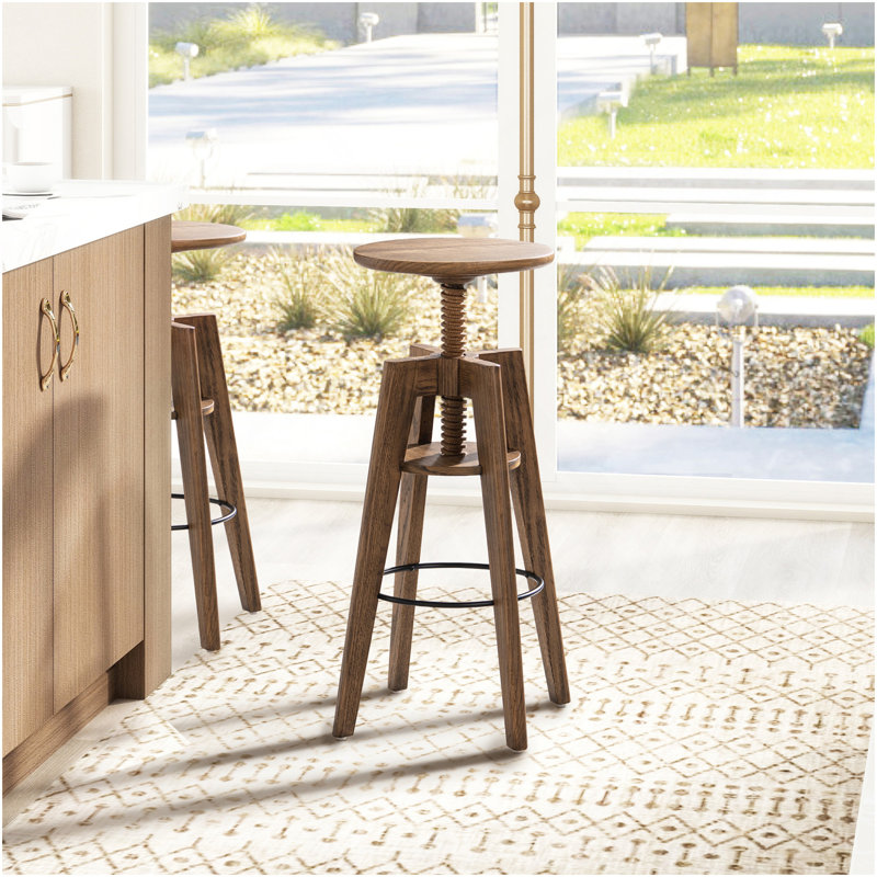 Spencer Minimalist Oak Wood Adjustable Bar Counter Stool, Walnut Brown Oak Wood
