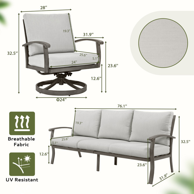 Ensemble de conversation de patio en aluminium 6 pièces avec table basse, repose-pieds et coussins gris clair