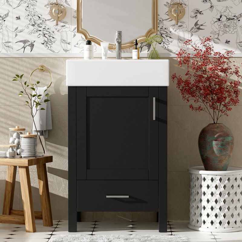 Meuble-lavabo noir 20,03 po avec lavabo en céramique, structure en bois massif, charnières à fermeture en douceur et tiroir pour une meilleure qualité de fabrication, tiroirs, conception à dossier ouvert