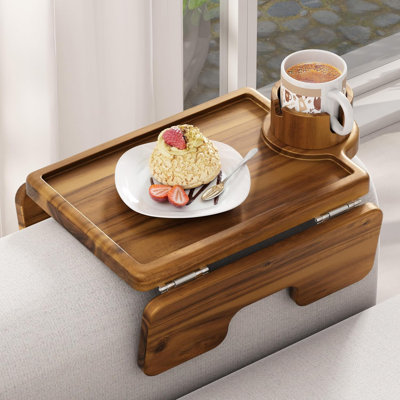 Couch Cup Holder Tray & Sofa Arm Tray – Large 2-in-1 Acacia Wood Clip-On Side Table