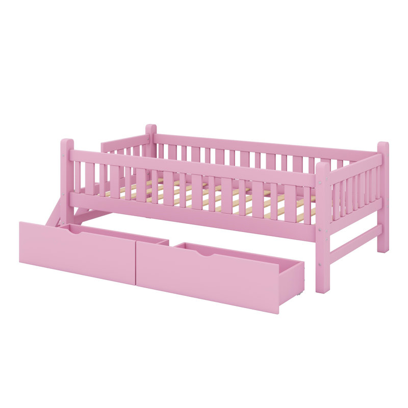 Lit plateforme en bois avec garde-corps et 2 tiroirs, Rose