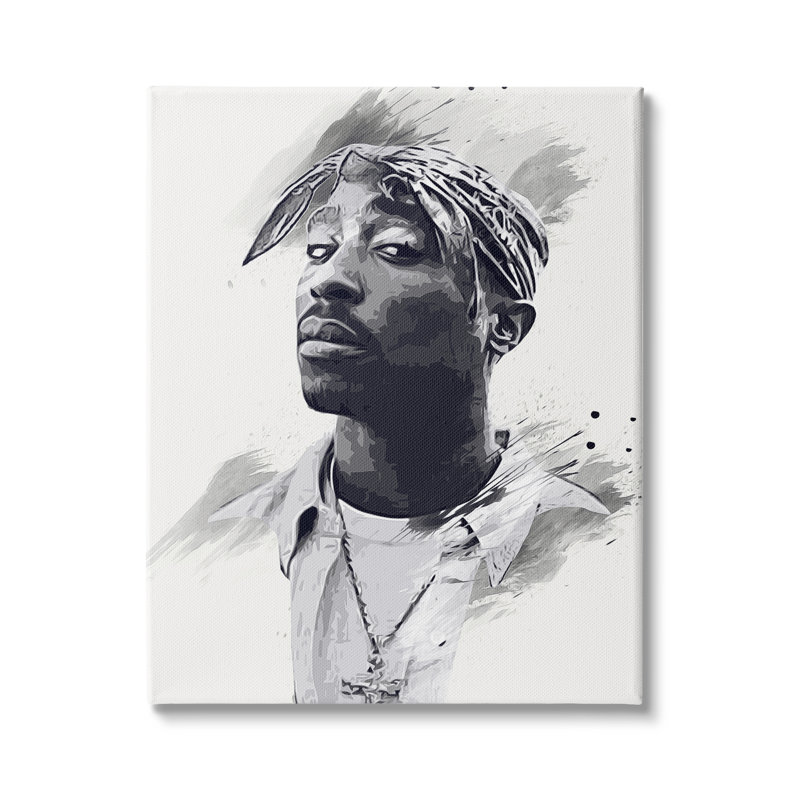 Tupac, portrait moderne, abstrait, noir et blanc, art mural surdimensionné par Birch & Ink, H 30 po x l 24 po x P 1,5 po