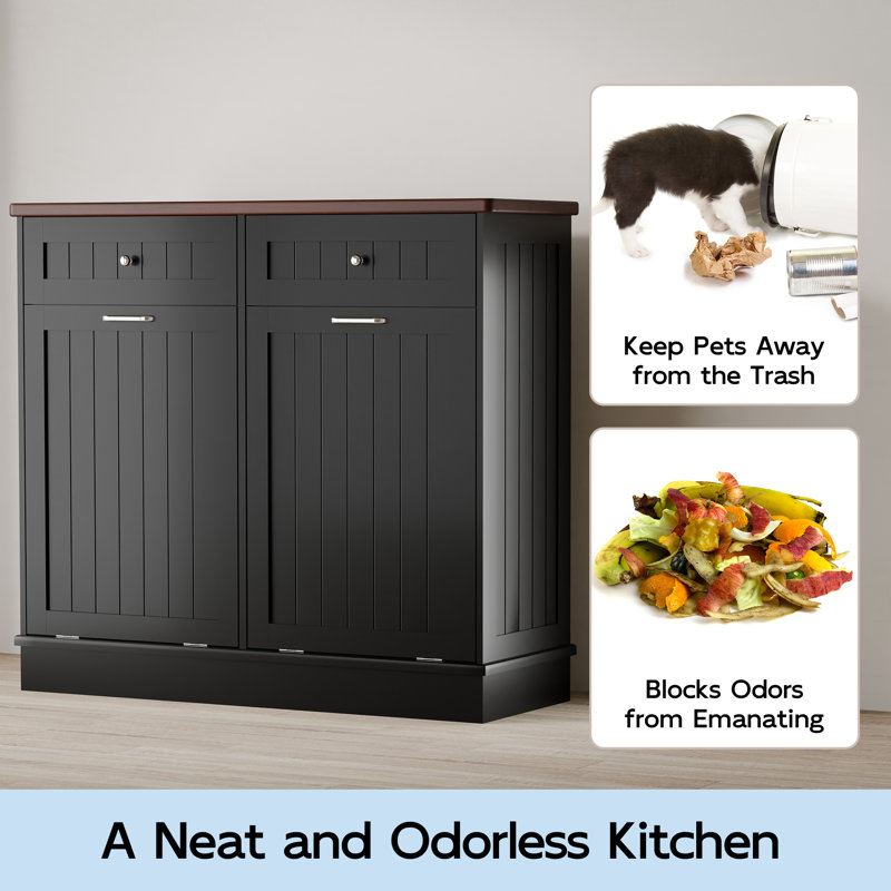 Black Double Tilt Out Trash Cabinet with Countertop and Drawer