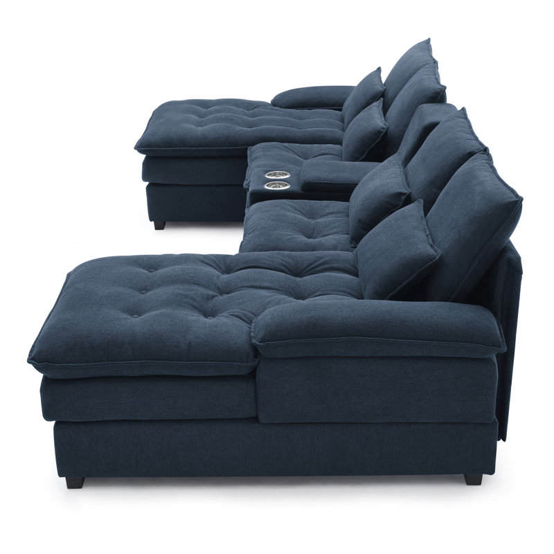 130" U - Shaped With Console And Cupholders, 6 Seat Blue Linen Upholstered Furniture For Primary Living Space, Double Layer Cushioning, Comfort Promoting Design Apartment, Soft Long Lasting