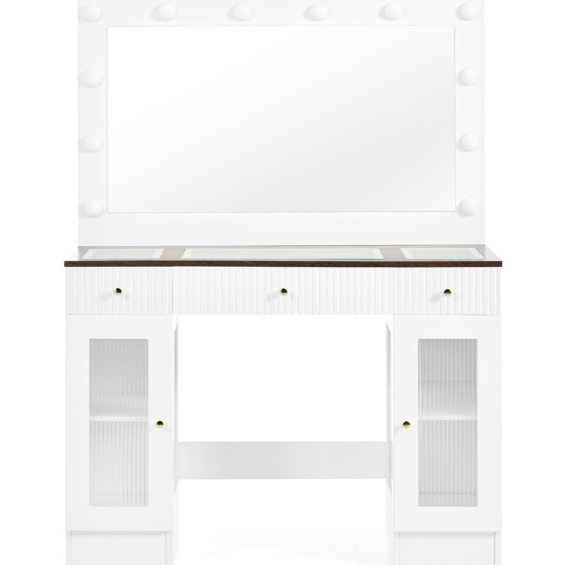 Bureau de meuble-lavabo 43,3 po avec 3 modes d'éclairage et de rangement, prise de courant pour tiroirs de table de maquillage moderne pour prises de courant en verre trempé, ambiant
