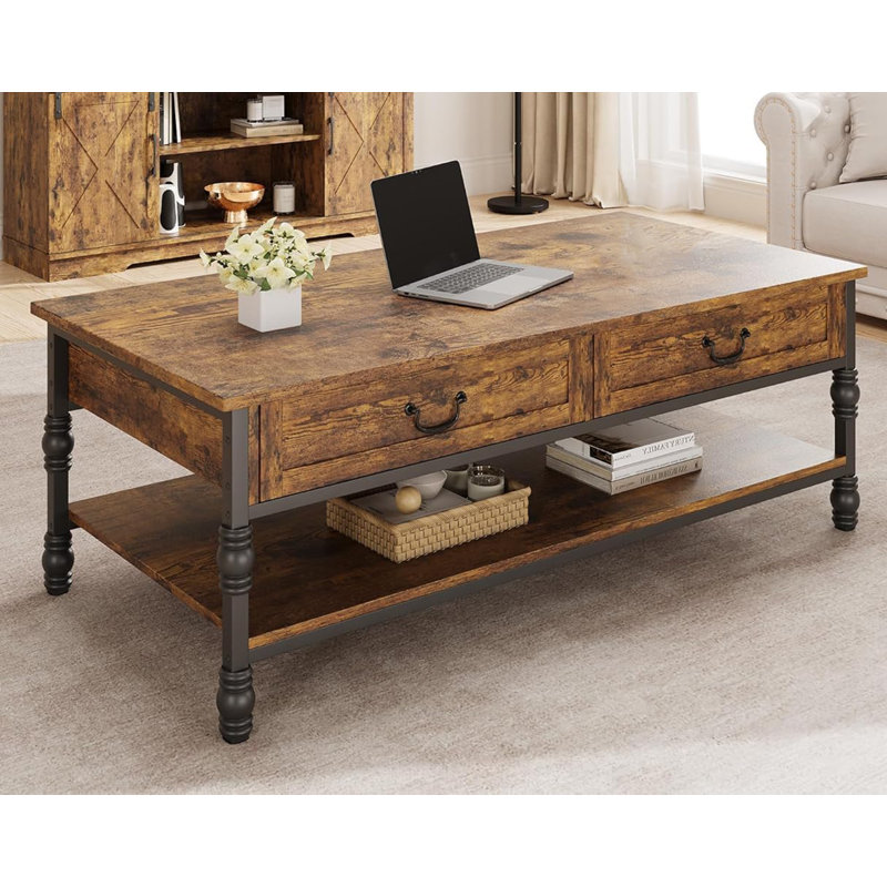 Table basse avec tiroirs, tables basses en bois de style Mid-Century, salon, Brun, Bois brun foncé