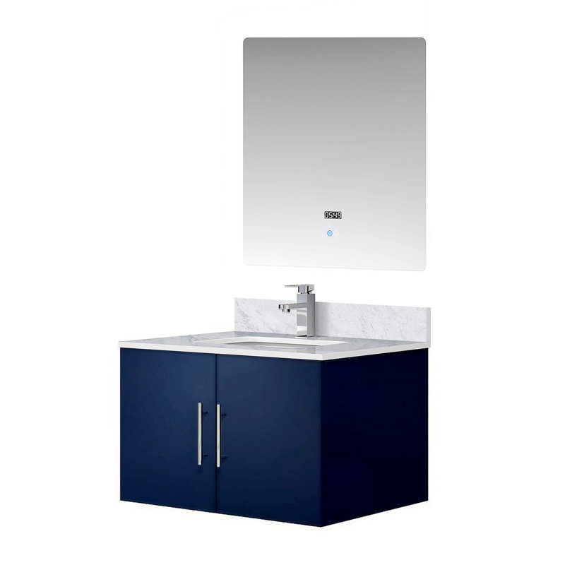 Meuble-lavabo de salle de bain 30 po X P 22 po D, comptoir en marbre de Carrare, ensemble de robinet et Miroir à DEL, Marine