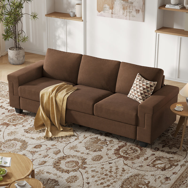 Canapé en polyester à accoudoirs carrés Dereon, H 32,7 po x l 90 po x P 35 po, Corduroy Brown