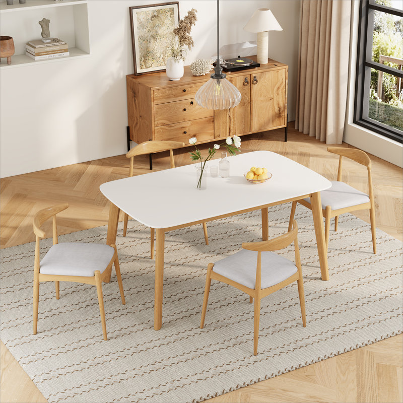 Ensemble de salle à manger 5 pièces Mid-Century Modern - Table avec cadre en bois massif et 4 chaises rembourrées, Beige