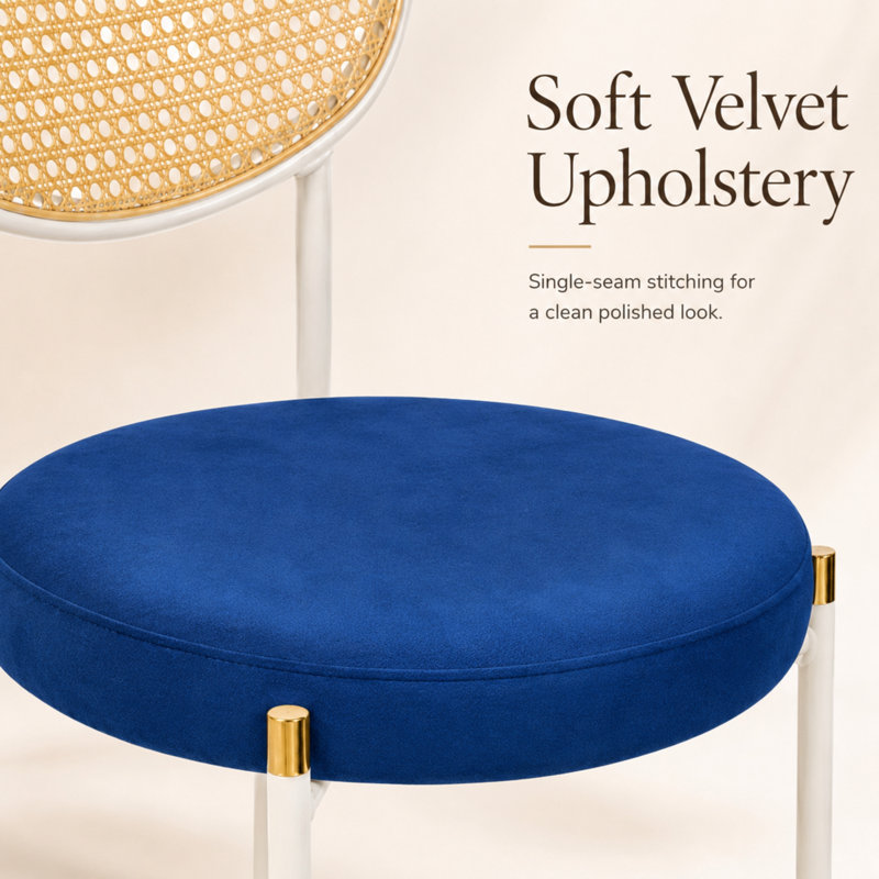 Charlotta Modern Cane Rattan Dining Chair, Boho Wicker Side Chair with Velvet Round Cushion Seat, Mid-Century Accent Seating with White Metal Legs