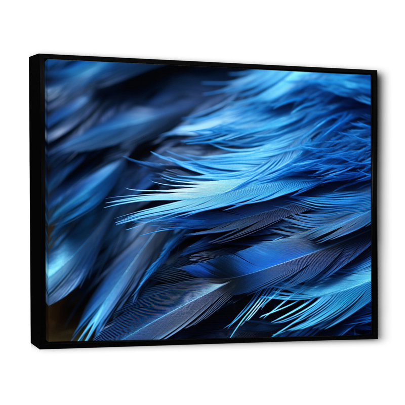 «Blue Heron Feathers of Light I», reproduction sur toile, H 24 po x l 32 po x P 1 po, Cadre flottant noir