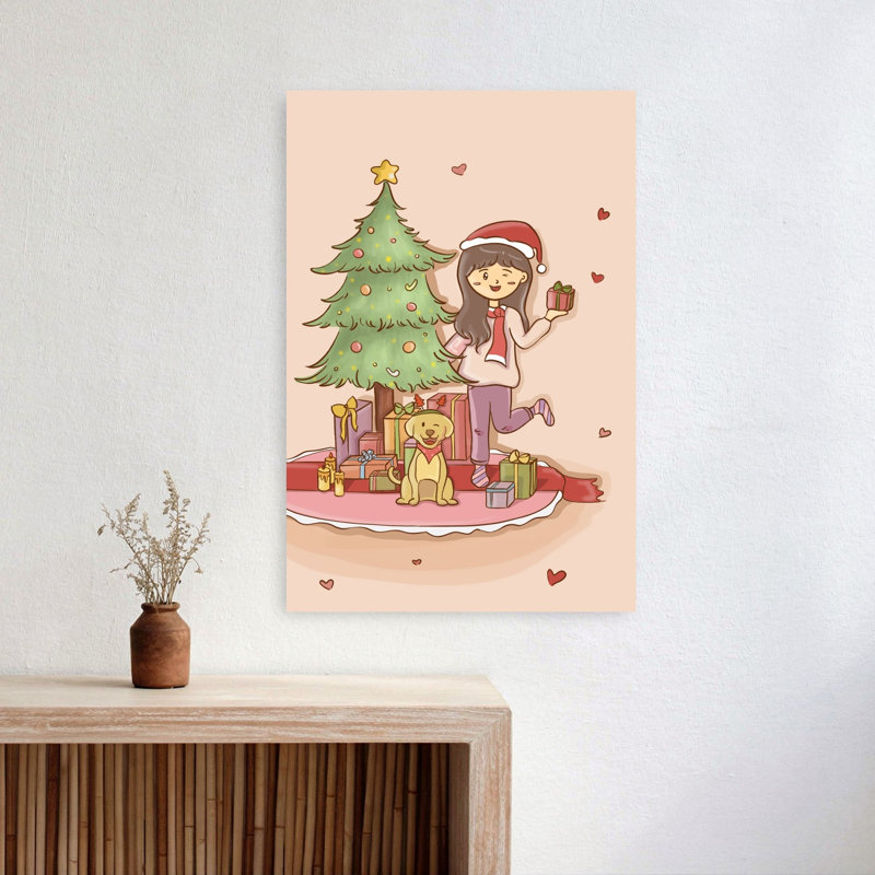Winking Girl Christmas Puppy Abstract Contemporary Christmas Tree Dog Winter Architecture Wall Art Print 1 Piece Wrapped Canvas Wall Art