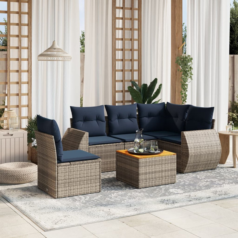  Ensemble de canapé de patio 6 pièces avec coussins en rotin de polyester gris