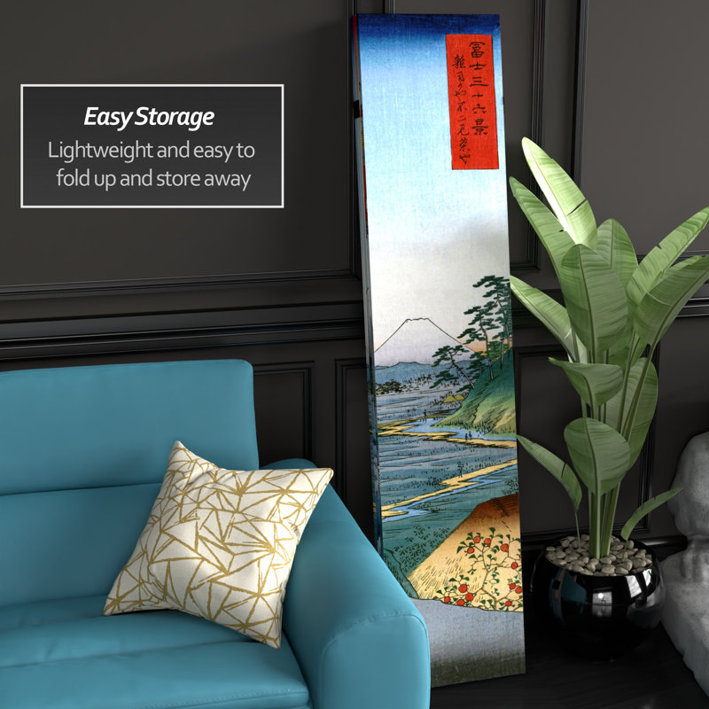 71" x 47.25" Double Sided Hiroshige 3 Panel Room Divider, Teahouse