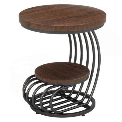 19.68" Round Vintage End Table With 2-Tier Storage – Rustic Brown Side Table With Arc Metal Frame, Compact Bedside Table Or Accent Table For Living Ro