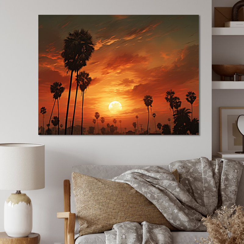 Coucher de soleil avec palmiers sur toile, Toile tendue, H 12 po x l 20 po x P 1 po