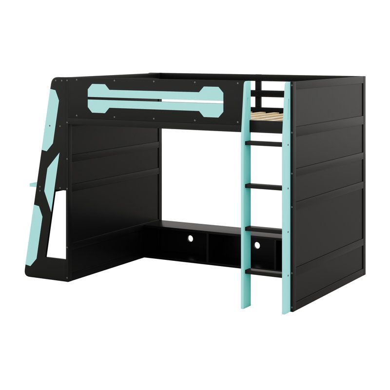 Lit mezzanine en bois avec bureau, tablettes multiples et lumière RVB, Bleu nuage