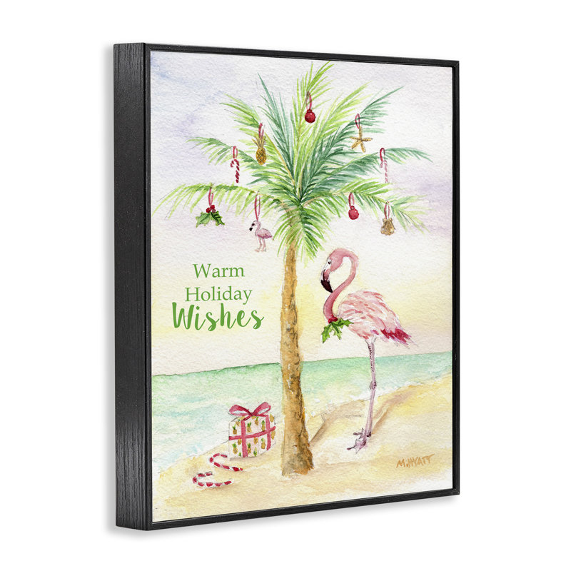 Palmier tropical de Noël flamant tropical, 30" H x 24" W, Giclée encadrée noir minuit