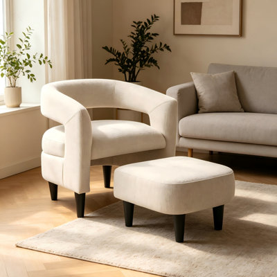 Fauteuil d'appoint courbé beige avec repose-pieds assorti, fauteuil de lecture compact en bois massif avec pieds fuselés pour le salon et la chambre à coucher