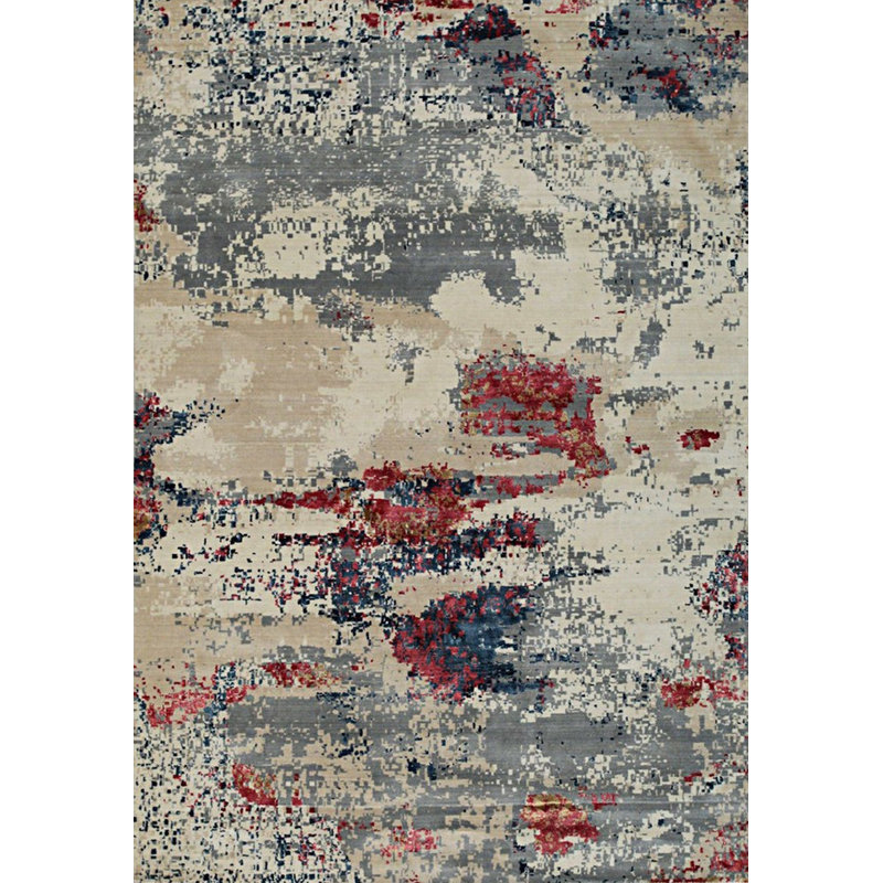 Versatile Enchanting Red Hand Knotted Wool & Viscose Ivory / Red Contemporary Modern 5' x 8' Area Rug