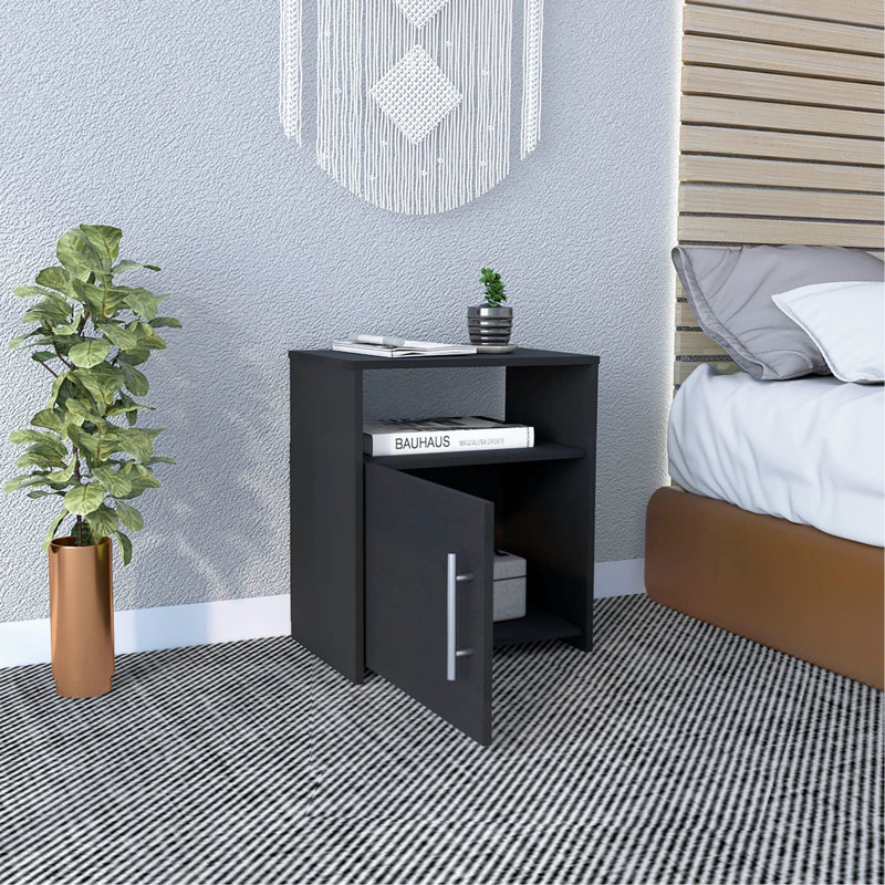 Table de chevet, armoire à une porte, poignée en métal, une tablette, plateau supérieur, noir, Noir