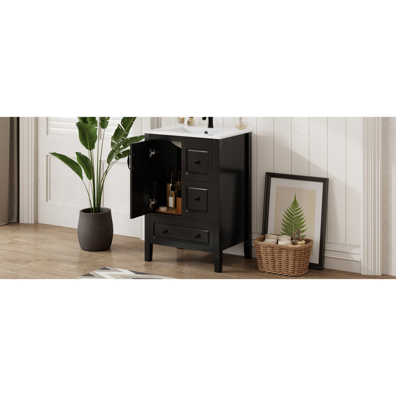 Meuble-lavabo autoportant noir 24 po pour salle de bain avec lavabo en céramique nécessitant peu d'entretien, système de fermeture en douceur et poignées et tiroirs pré-percés d'inspiration rétro