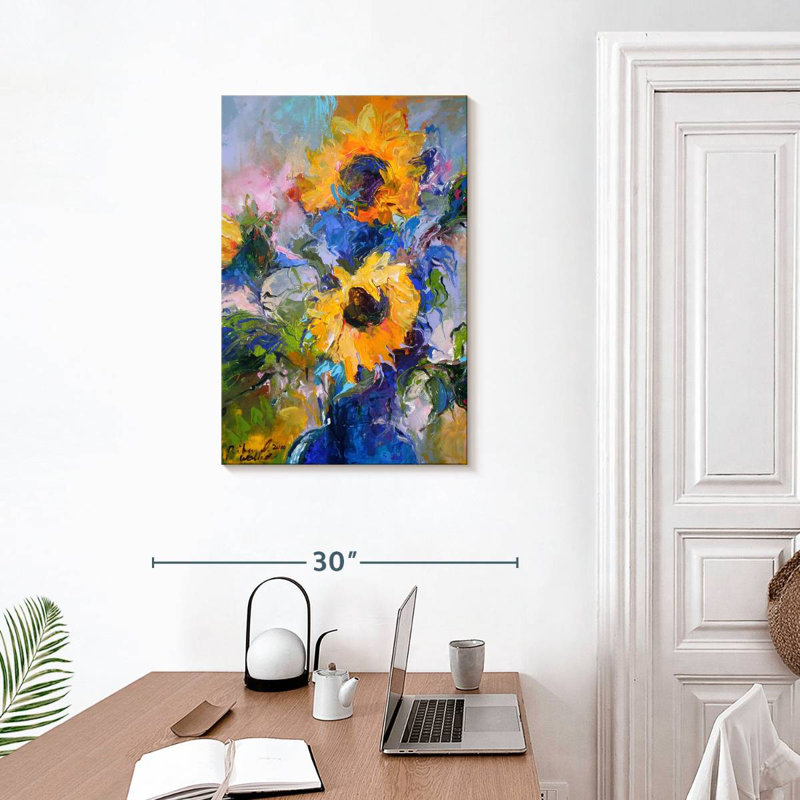 Harnek tournesols dans un vase bleu, H 30 po x l 20 po
