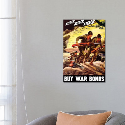 WWII Propaganda Poster Of Soldiers Assaulting A Beach With Rifles by Stocktrek Images - Wrapped Canvas Print