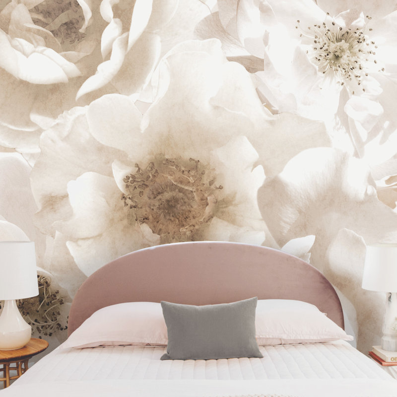 Papier peint floral Mr. Kate crème, adhésif et blanc