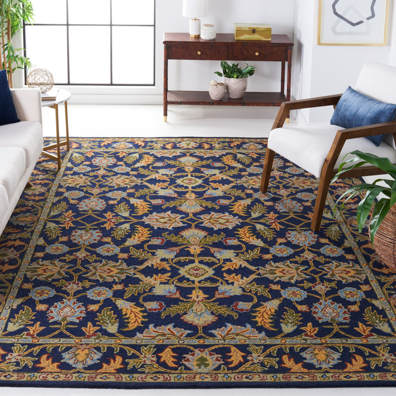 Tapis oriental bleu marine en laine touffeté à la main Ferrera, Rectangle 8 pi x 10 pi