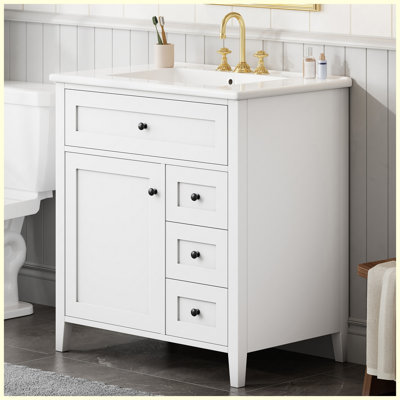30" White Freestanding Bathroom Vanity with Sink, Modern MDF & Rubberwood Cabinet with 3 Drawers, Adjustable Shelf & Left Door