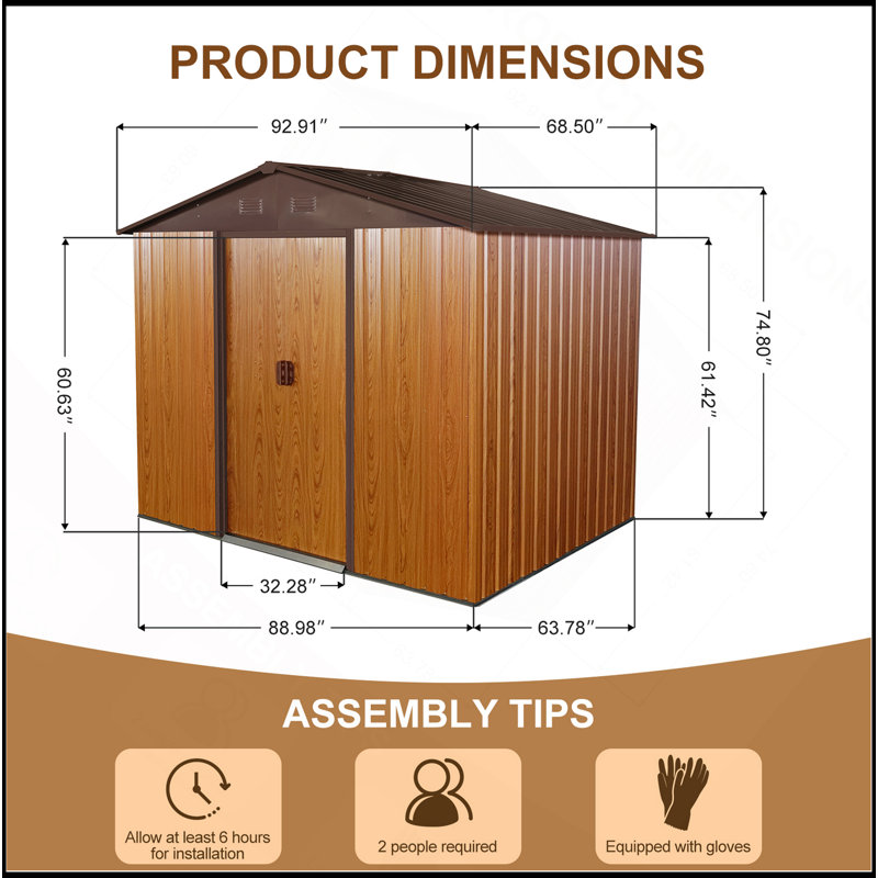 8Ft X 6Ft Outdoor Metal Storage Shed With Metal Foundation,Coffee, 74.8" H x 88.98" W x 63.78" D, Coffee