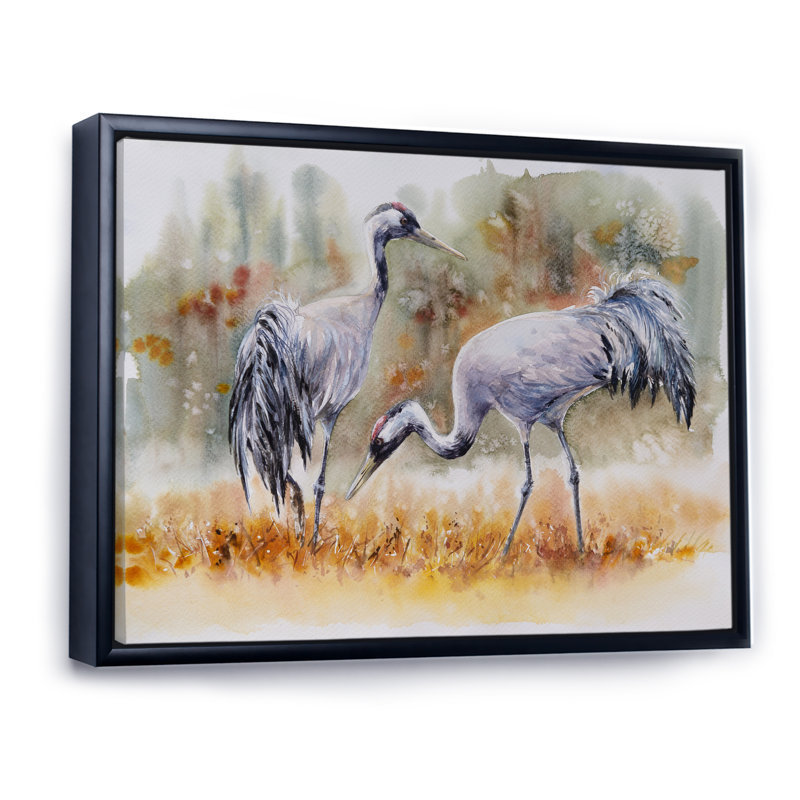 «Two Cranes in the Meadows», reproduction sur toile flottante, Cadre noir, H 8 po x l 12 po x P 1 po
