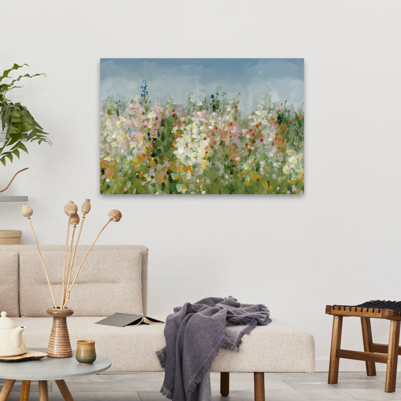 Art sur fond bleu et floral, H 24 po x l 36 po