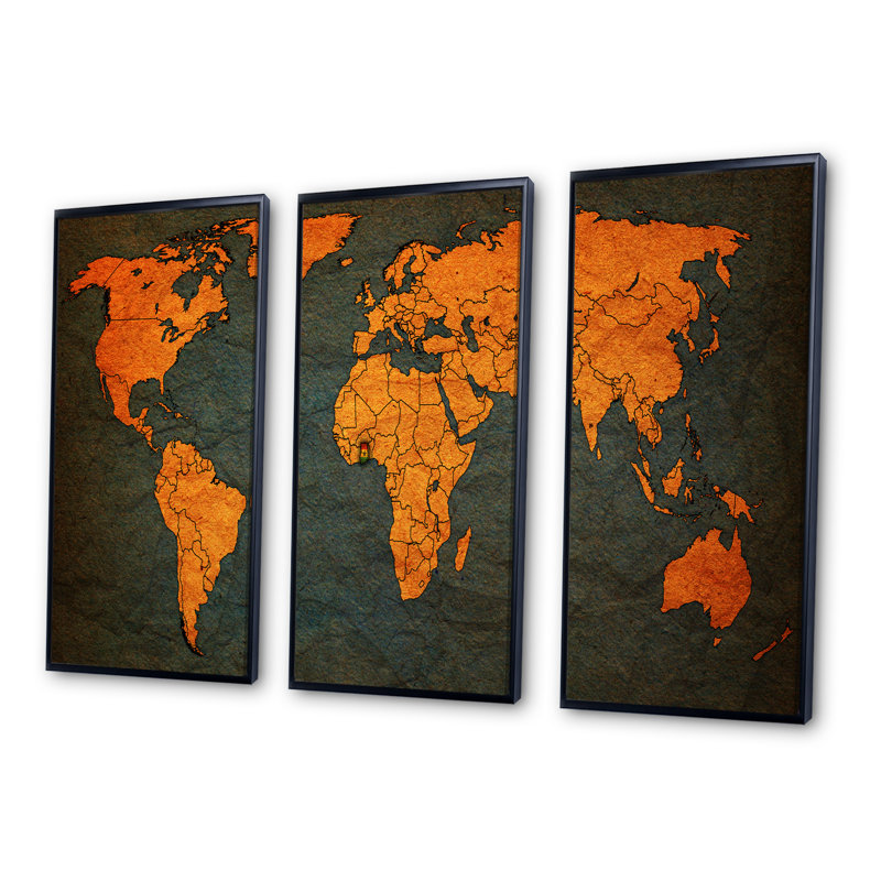 Ancienne carte du monde en Afrique - 3 pièces sur toile, cadre flottant, Noir, H 28 po x l 36 po
