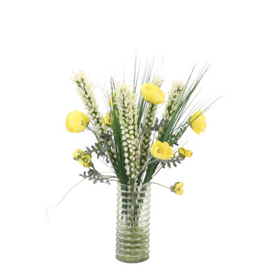 Yellow Poppies, White Liatris in Green Vase